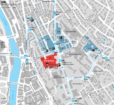 Zurich city map showing the ETH 'Zentrum' campus